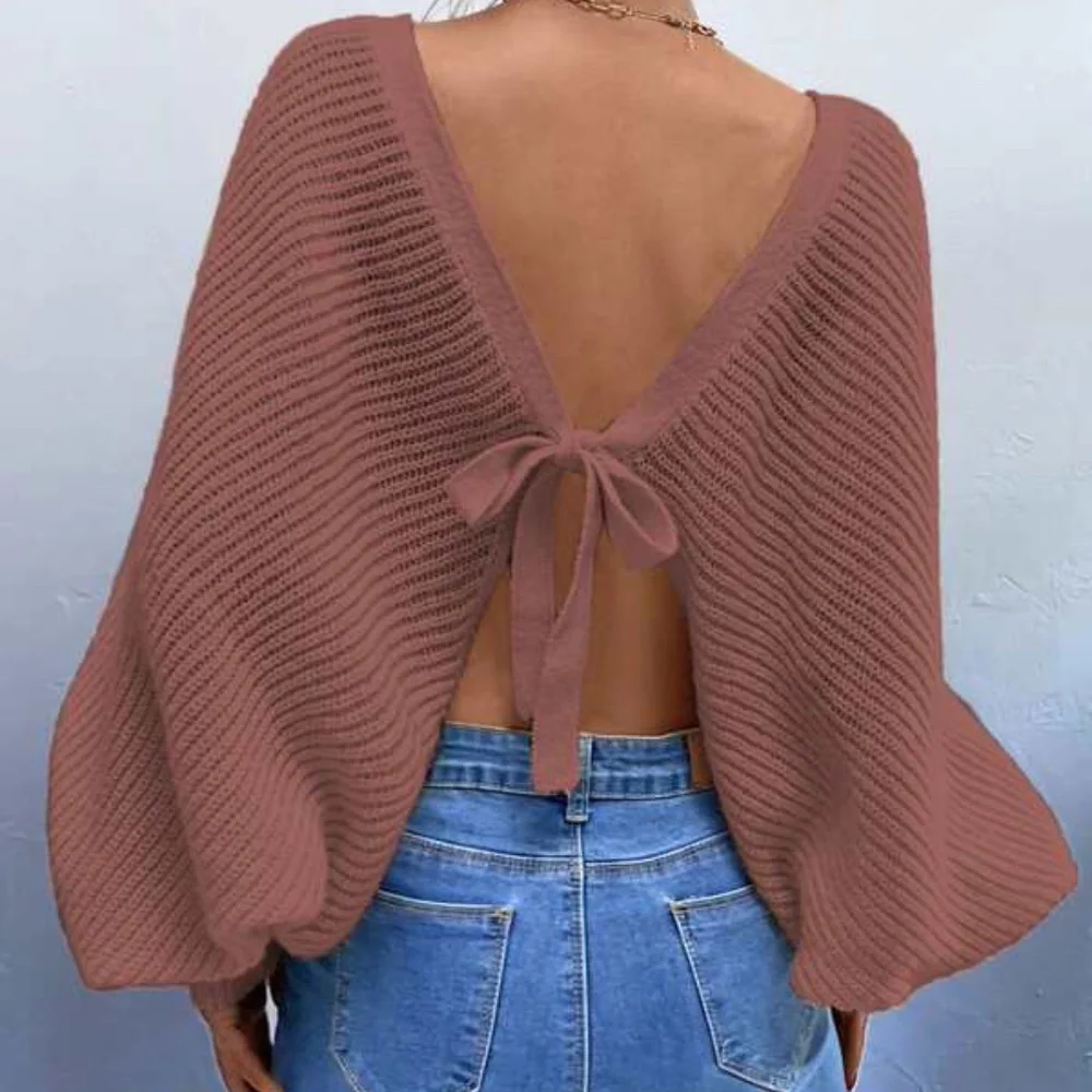 Cozy Green Open Back Knit Sweater Top Minimalist - Picture 7 of 13